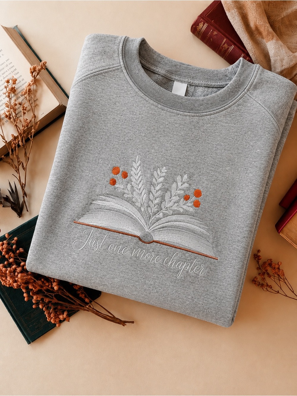 Gray "Just One More Chapter" Sweatshirt With Book Embroidery